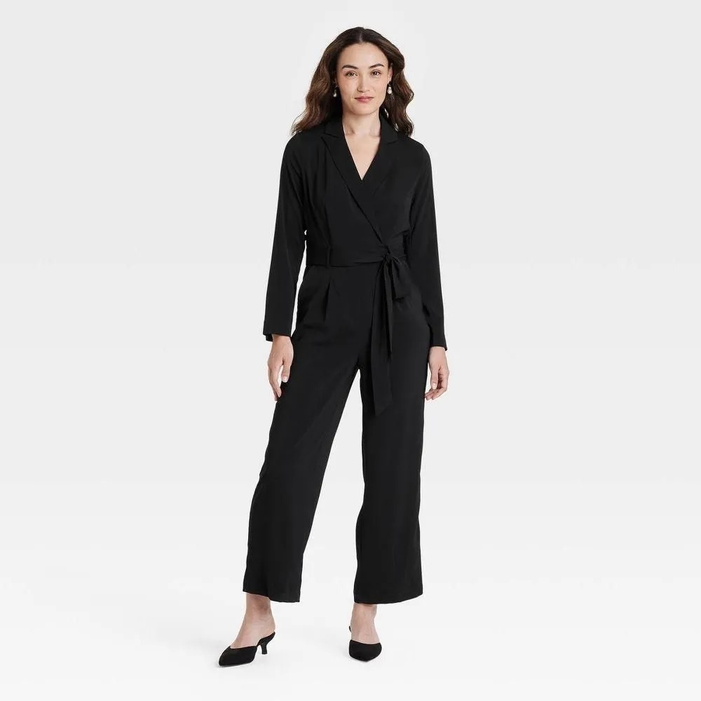 NWT A New Day Long Sleeve Wrap Front Jumpsuit Black Women’s Size Large